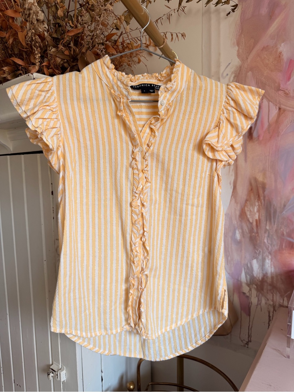 Veronica Beard M Yellow Stripe Ruffle Sleeve Blouse